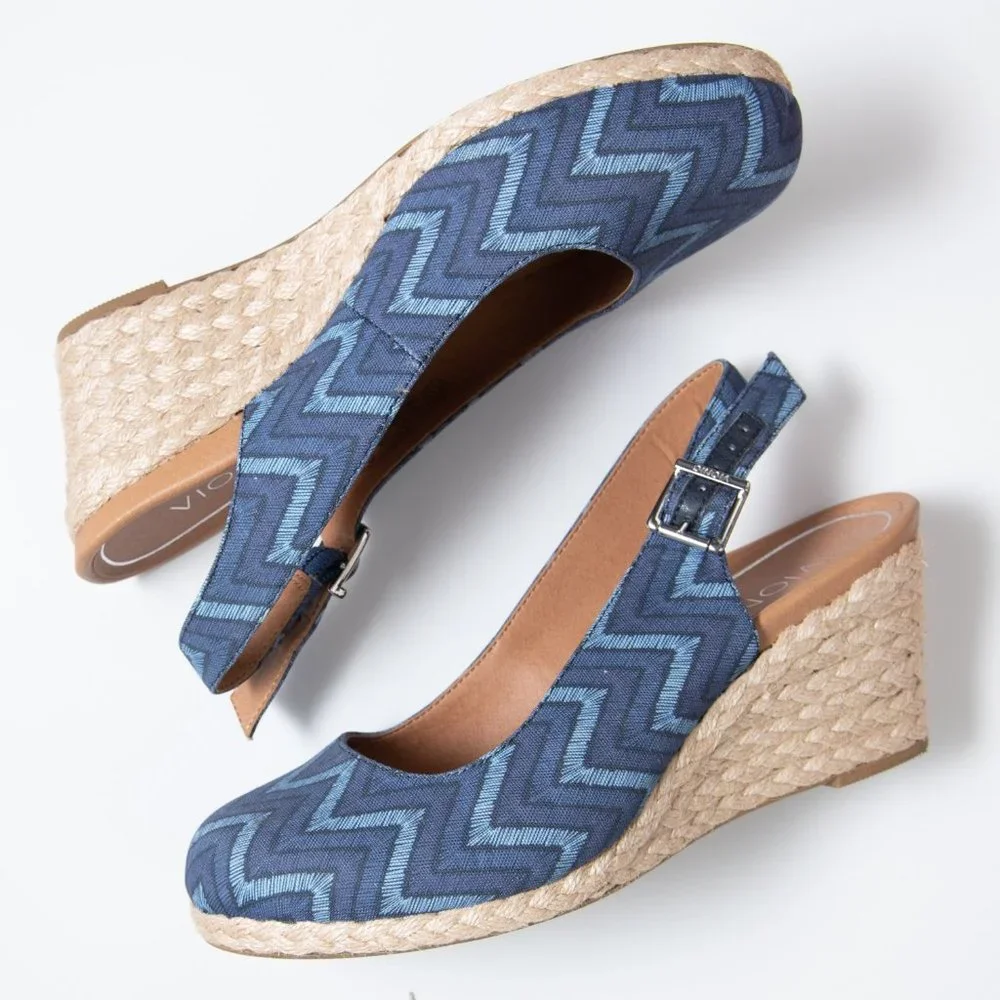 Vionic Cora Lina Chevron Wedge Espadrille Slingback Shoes Blue Tan Size 7 - Picture 3 of 8